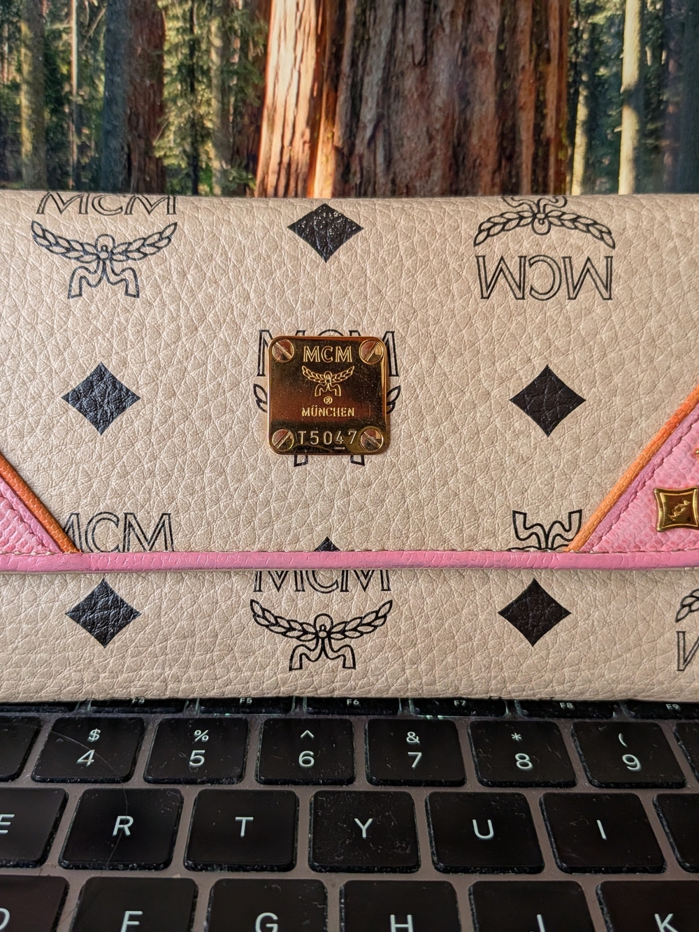 MCM Beige Monogram Wallet with Pink Trim and Gold Plaque